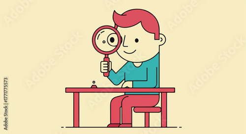 Cartoon person with magnifying glass at desk