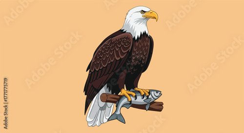Bald eagle perched on branch with a fish