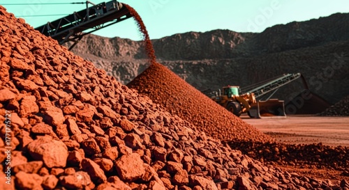 Huge piles of red ore at a mining site.