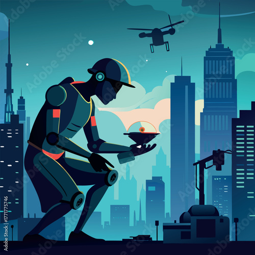 Silhouette of a humanoid robot repairing a flying drone under city lights