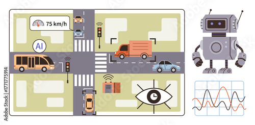 AI-powered vehicles and traffic signals managing a crossroads, robot analyzing data, graph display, camera surveillance. Ideal for technology, smart city, automation, AI, urban planning monitoring