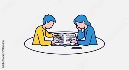 Two people studying a book together