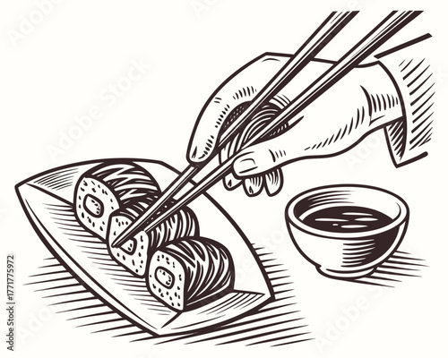 Hand Holding Sushi with Chopsticks Vintage Rough Woodcut Engraving Linocut Style Vector Illustration