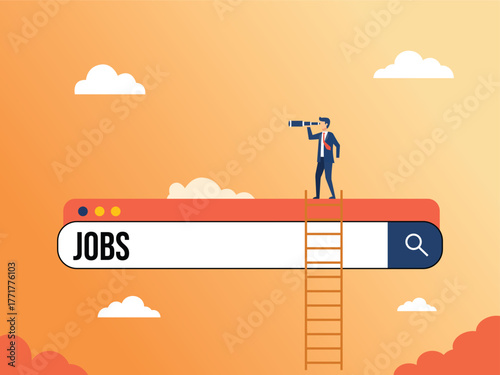 Man with telescope on search bar ladder looks for job opportunities in a bright orange sky