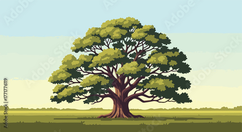 Stylized illustration of a large oak tree in a grassy field, under a soft sky