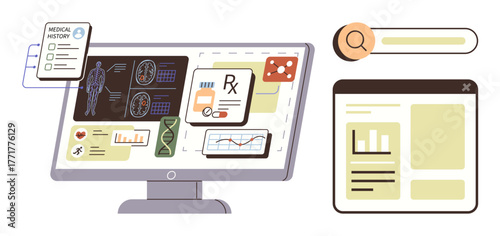 Monitor displaying medical images, patient history, prescriptions, and DNA data. Search bar and chart window nearby. Ideal for healthcare, research, diagnosis, analysis innovation statistics