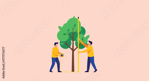 Two figures measuring a tree with tape measures