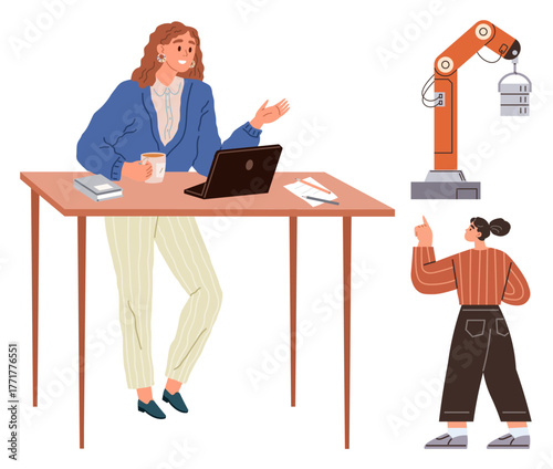 Woman at desk with laptop and notebook engaging in conversation, person analyzing robotic arm mechanism nearby. Ideal for workplace collaboration, technology, innovation, brainstorming, research