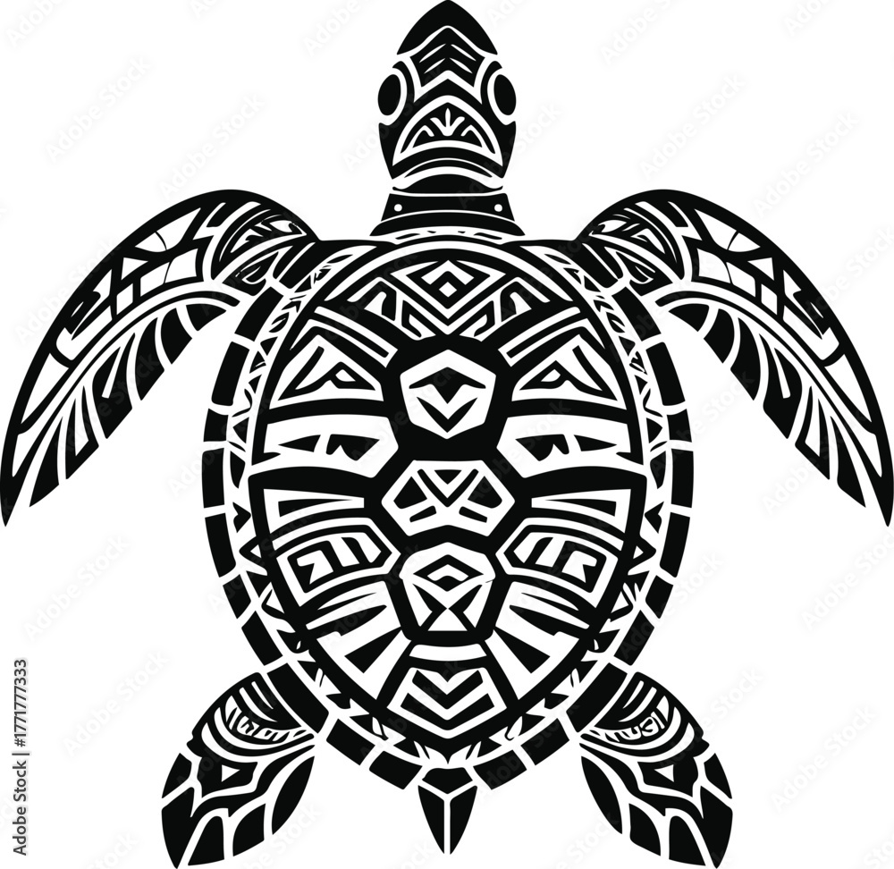 Naklejka premium Tribal turtle design line art, inspired by Polynesian patterns, bold clean outlines, vector black on white