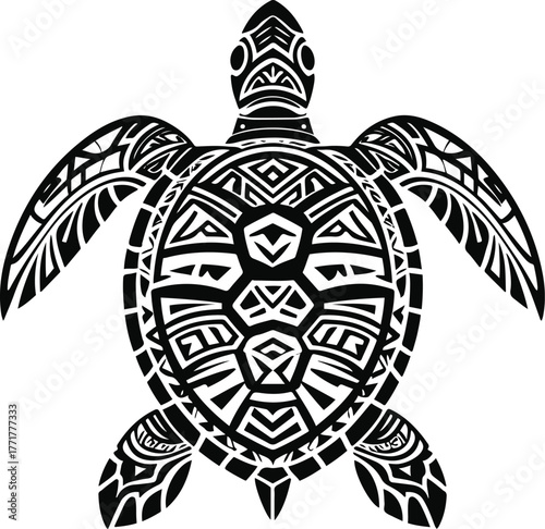 Tribal turtle design line art, inspired by Polynesian patterns, bold clean outlines, vector black on white