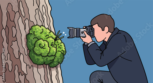 Photographer taking photo of a plant on a tree