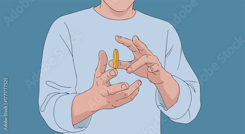 A person holding a gold coin between fingers. Illustration