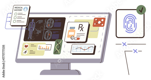 Monitor displaying digital health data, charts, MRI scans, prescription, DNA, and secure fingerprint access. Ideal for healthcare, security, innovation technology wellness diagnostics simplified