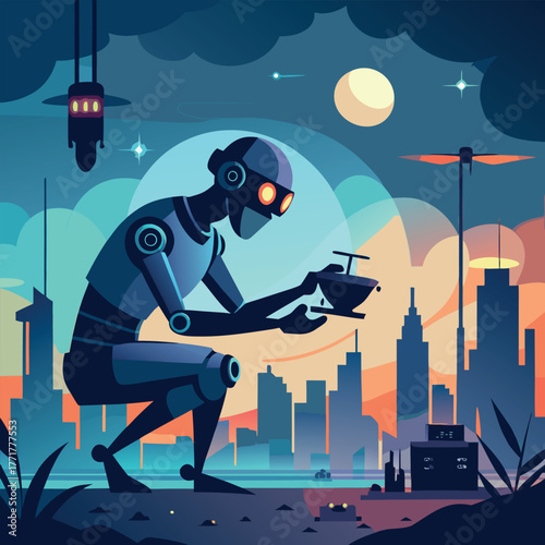 Silhouette of a humanoid robot repairing a flying drone under city lights