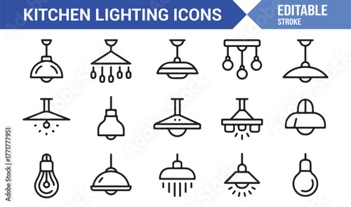 Editable Stroke Light Icons – Pendant, Chandelier, Ceiling Lamp Pack