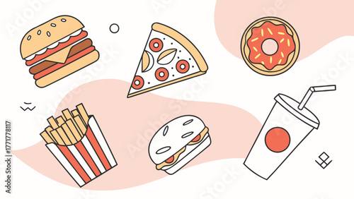 Food and drinks vector set with burger, coffee, pizza, and dessert items,Food and drinks vector set with burger, coffee, pizza, and dessert items.