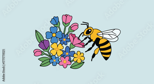 Cartoon bee by a flower bouquet