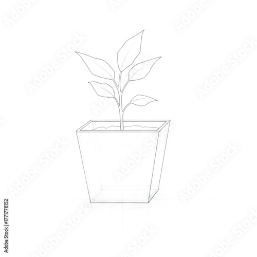 Pencil Sketch of a Small Plant in a Square Pot drawing seedling