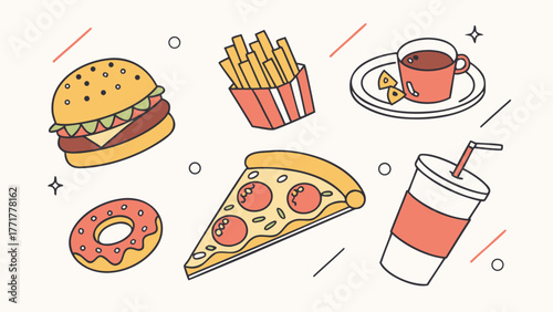 Food .and drinks vector set with burger, coffee, pizza, and dessert items
