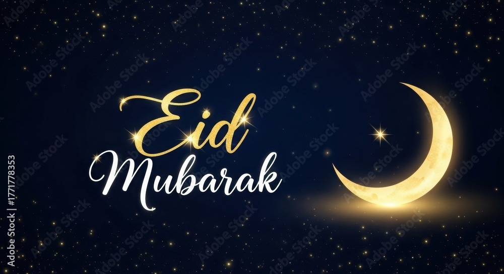 Fototapeta premium Golden Crescent Moon with Eid Mubarak Calligraphy. Serene Starry Night Sky for Islamic Celebration. Elegant Eid Greeting in Shimmering Golden Script.