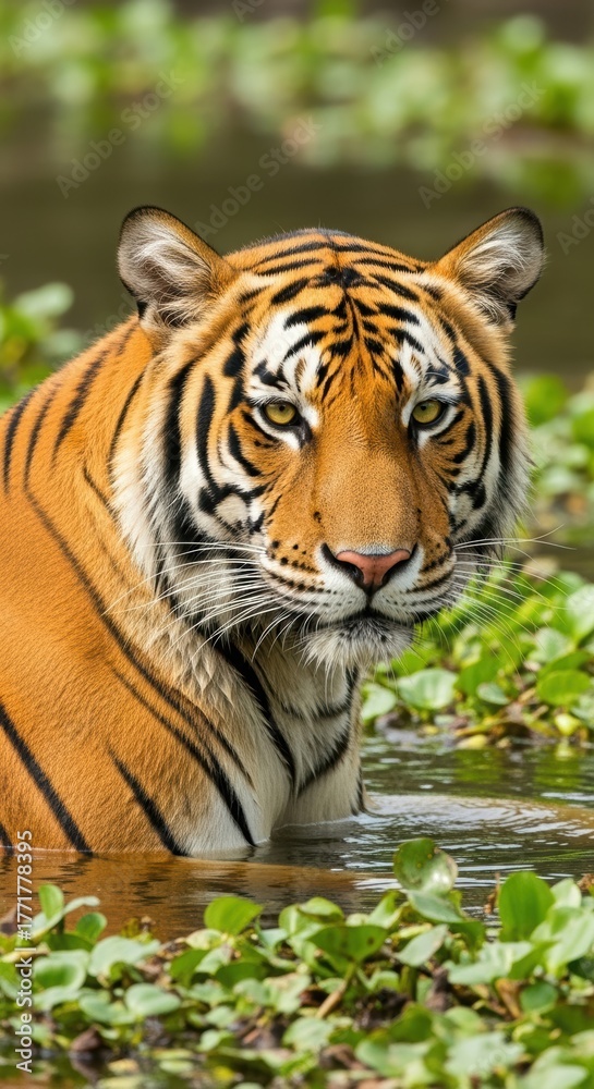 Obraz premium Photorealistic Bengal Tiger in Aquatic Environment. Powerful Tiger Focus with Golden Eyes and Stripes. Close-Up of Wild Tiger in Natural Habitat.