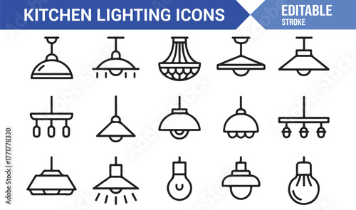 Kitchen Lighting Vector Icons – Modern Ceiling Lamp Line Art Set
