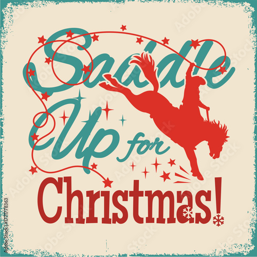 Cowboy Christmas vector vintage illustration with rodeo Cowboy riding wild horse silhouette on old paper background with winter Howdy holiday text. Saddle up for Christmas rodeo
