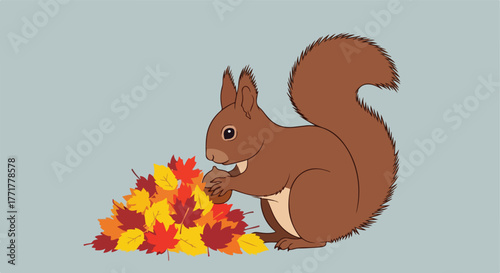 Cartoon squirrel gathers leaves