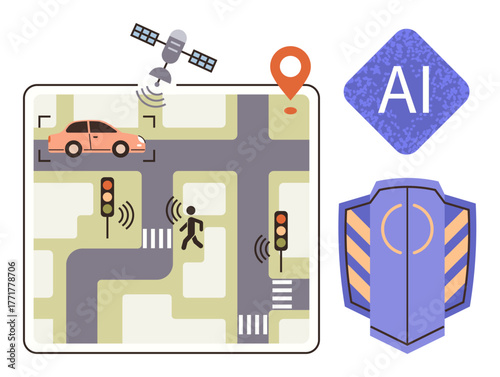 Vehicle at intersection with signals, pedestrian, GPS, AI, and traffic sensors. Ideal for mobility, AI, transportation technology urban planning innovation connectivity. Simple flat metaphor