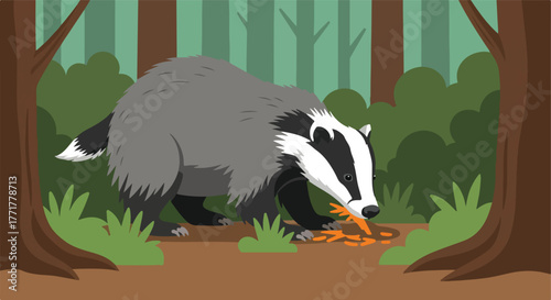 Badger in a forest eating orange food