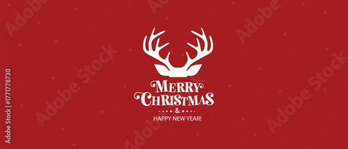 Cute Christmas reindeer on a red background. Christmas background, banner, or card. Merry Christmas text.