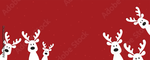 Cute Christmas reindeer on a red background. Christmas background, banner, or card. New trending vector illustration.