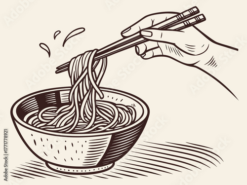 Hand Using Chopsticks to Pick Up Noodles from Bowl Vintage Rough Woodcut Engraving Linocut Style Vector Illustration