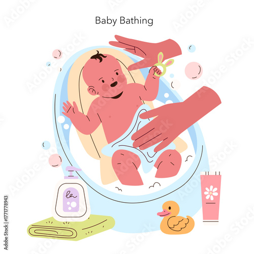 Baby Bathing Vector Illustration with Playful Expression