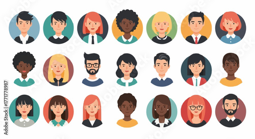 Diverse collection of stylized human portraits in circular frames, representing various individuals.