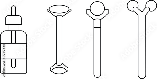 Skincare and beauty massage tool icons set with serum bottle, face roller, eye massager and dual head facial roller transparent background.