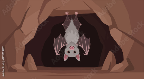 Cartoon bat hanging upside down inside a brown cave