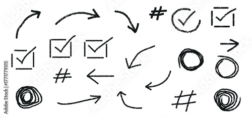 Hand drawn arrows checkmarks hashtags and circles sketch elements