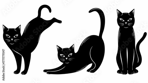 Elegant black cat silhouettes in playful poses, perfect for Halloween or pet lovers designs, scalable