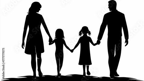 Loving family walking together holding hands, bonding and connection in silhouette illustration