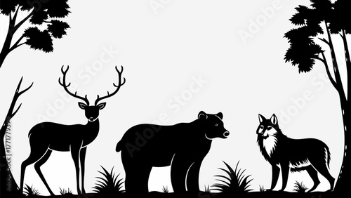 Striking wildlife trio deer bear and fox forest animals for nature loving designs, vector origin silhouette