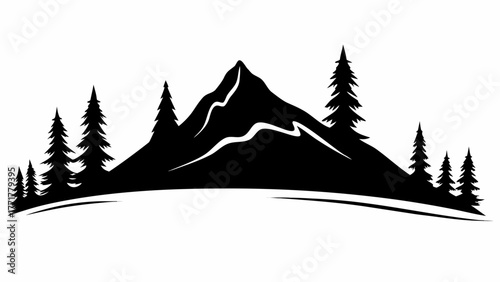 Serene mountain range silhouette with pine trees, perfect for outdoor adventure brand logo design