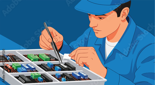 Technician carefully working on electronic components using tweezers