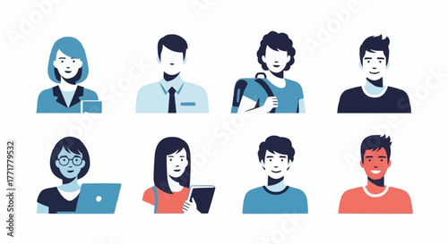 Diverse Group of People Avatars in Flat Vector Style.
