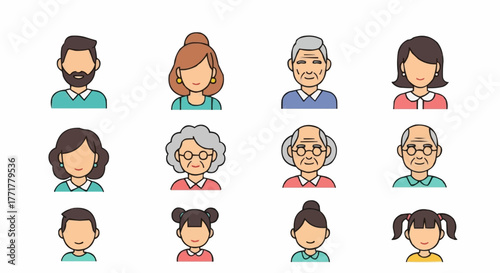 Diverse group of people avatars representing different ages and genders.