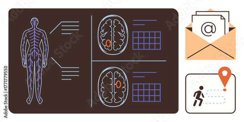 Diagram of neural and brain structures with labeled sections, an email communication envelope, and a location tracker highlighting movement. Ideal for healthcare, science, technology, neuroscience