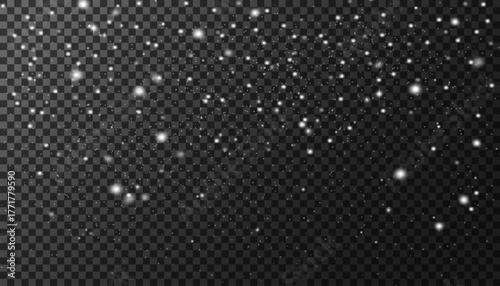 Falling snowflakes on a transparent background. A realistic winter weather texture with frozen precipitation and white snowflakes for holiday, Christmas, and seasonal designs.