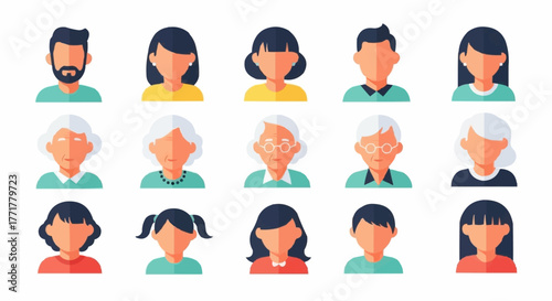 Diverse collection of stylized human faces representing various age groups and genders.