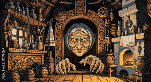 Mysterious old woman peering through doorway in dimly lit traditional interior with wooden furniture and pottery