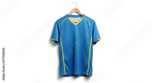 Blue athletic jersey with yellow piping hangs on a wooden hanger against a white backdrop, crisp..